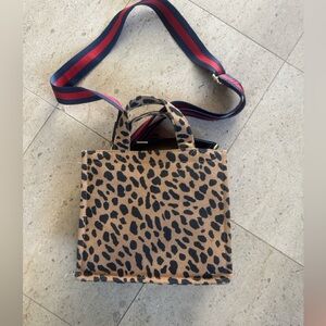 Stella Dot Leopard Print Tote Crossbody Bag with Striped Strap